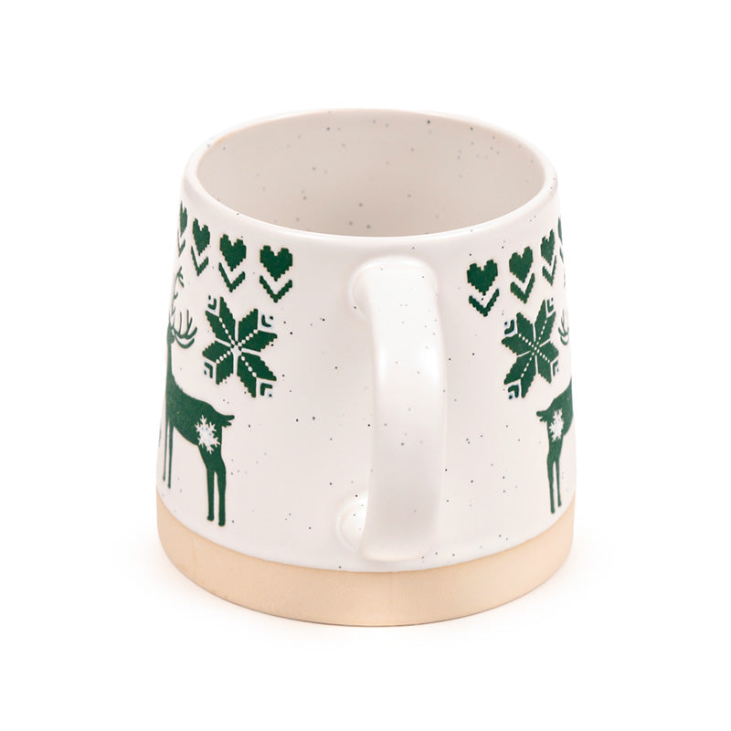 Green reindeer stoneware mug seen from behind with the handle hidden