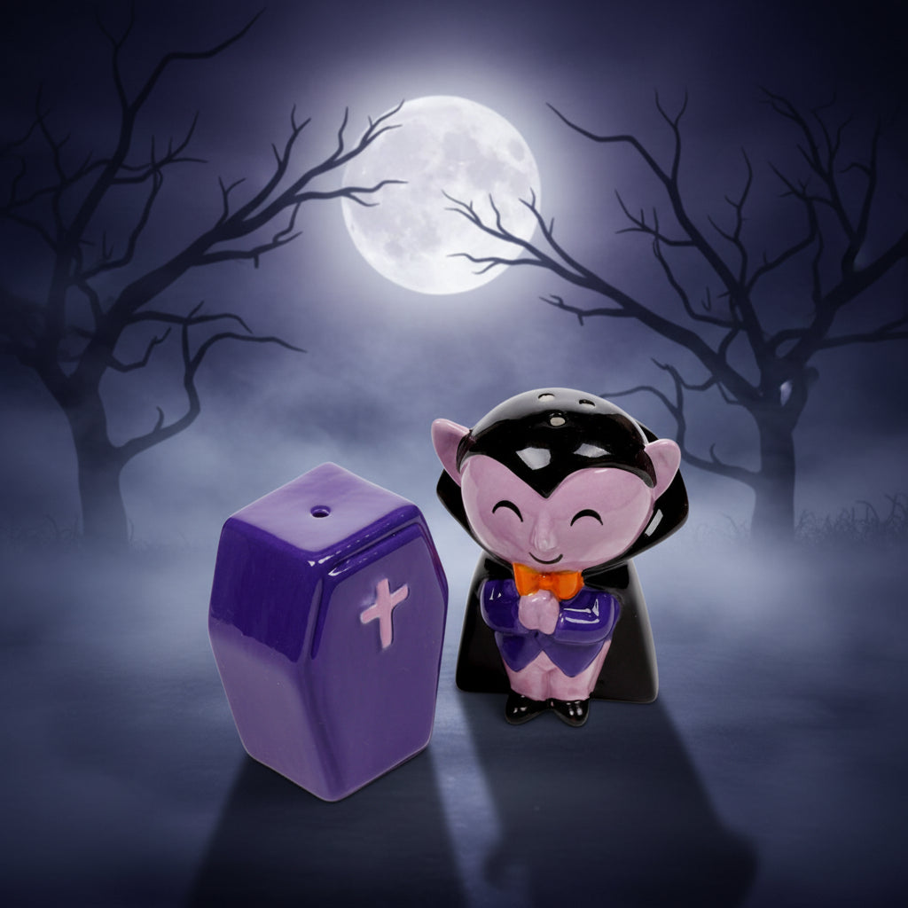 Dracula and coffin salt and pepper shakers ready for styling