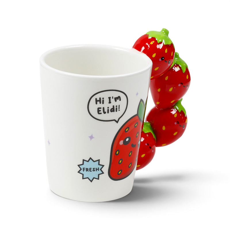 Strawberry mug from the front showing the printed slogan badge