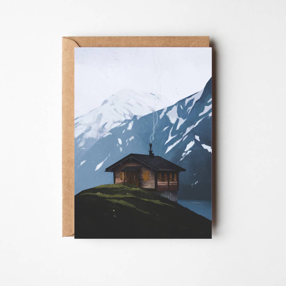 Quiet Refuge greeting card featuring Sara Willia's Norwegian landscape artwork with kraft envelope