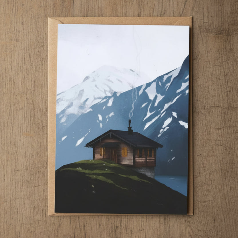 Quiet Refuge greeting card featuring Sara Willia's peaceful Norwegian landscape artwork with kraft envelope