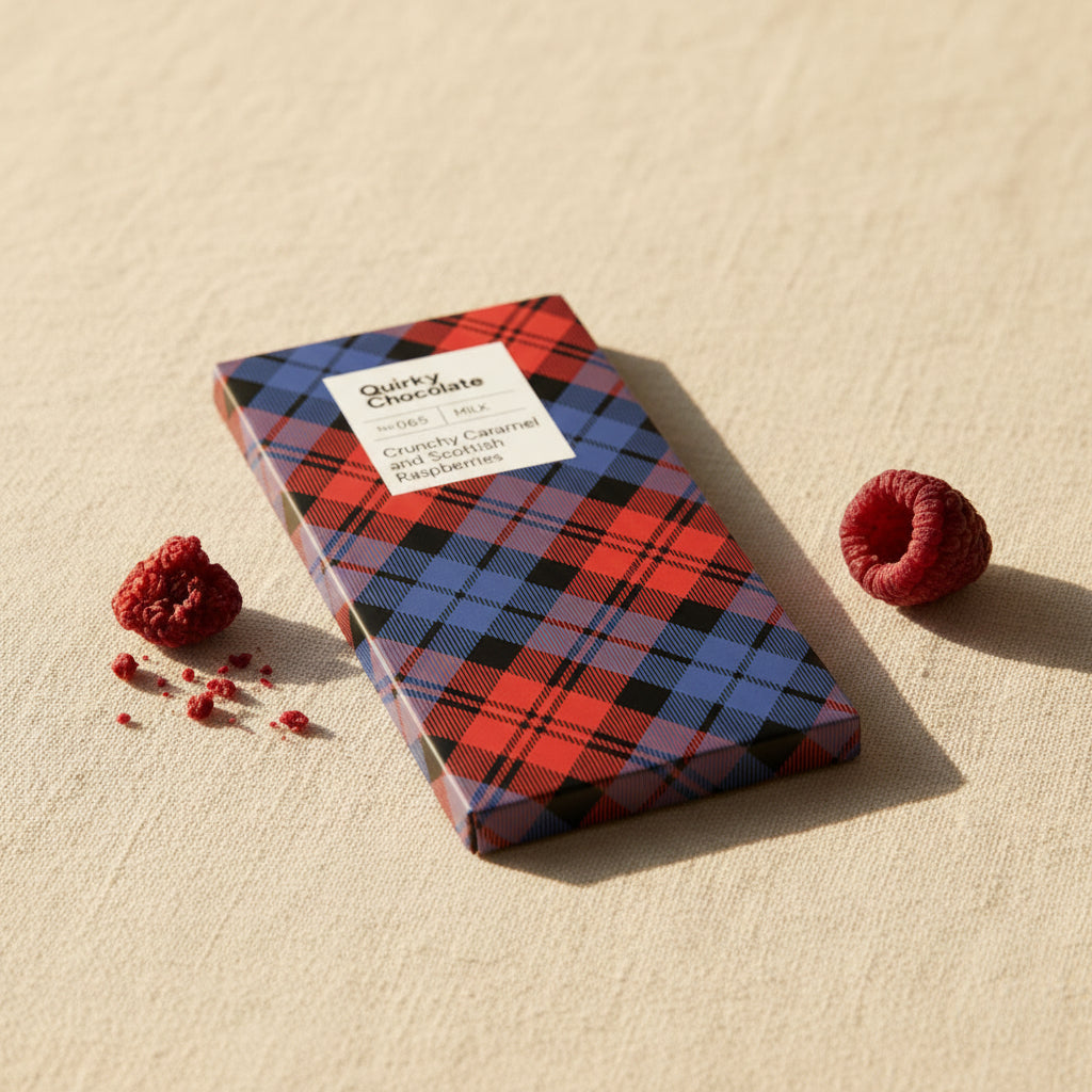 Crunchy caramel and Scottish raspberry chocolate bar in red and blue tartan wrapper