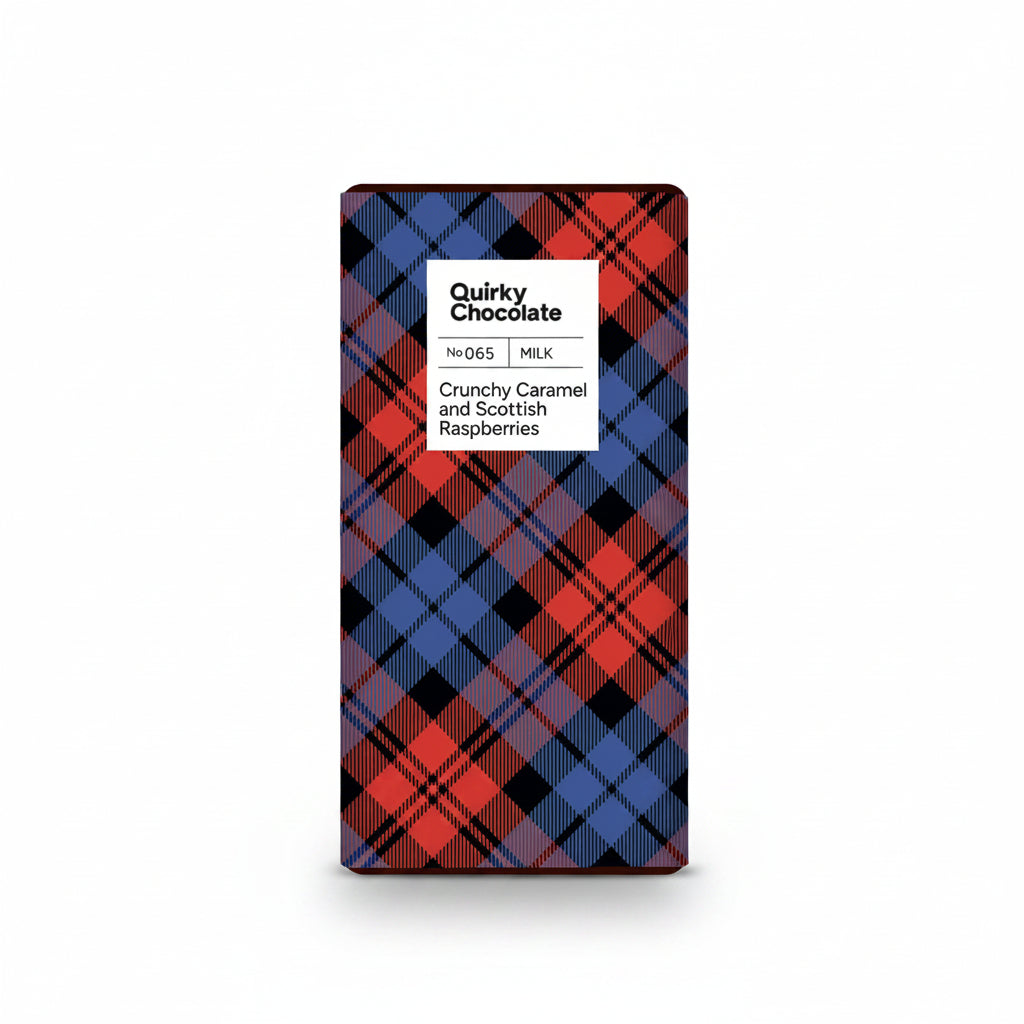 Crunchy caramel and Scottish raspberry chocolate bar in red and blue tartan wrapper