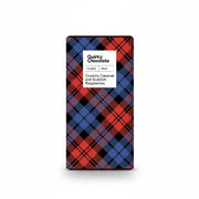 Crunchy caramel and Scottish raspberry chocolate bar in red and blue tartan wrapper