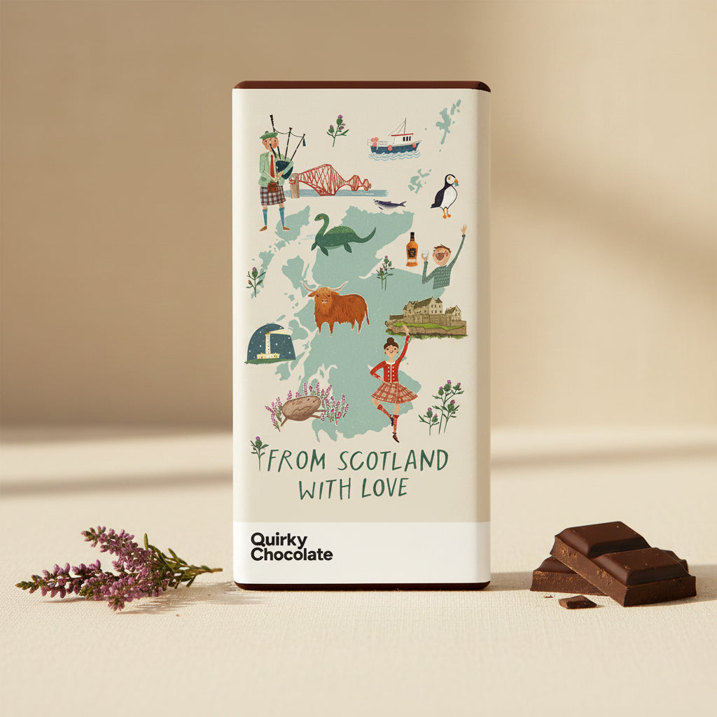 From Scotland With Love chocolate bar with illustrated Scotland map wrapper