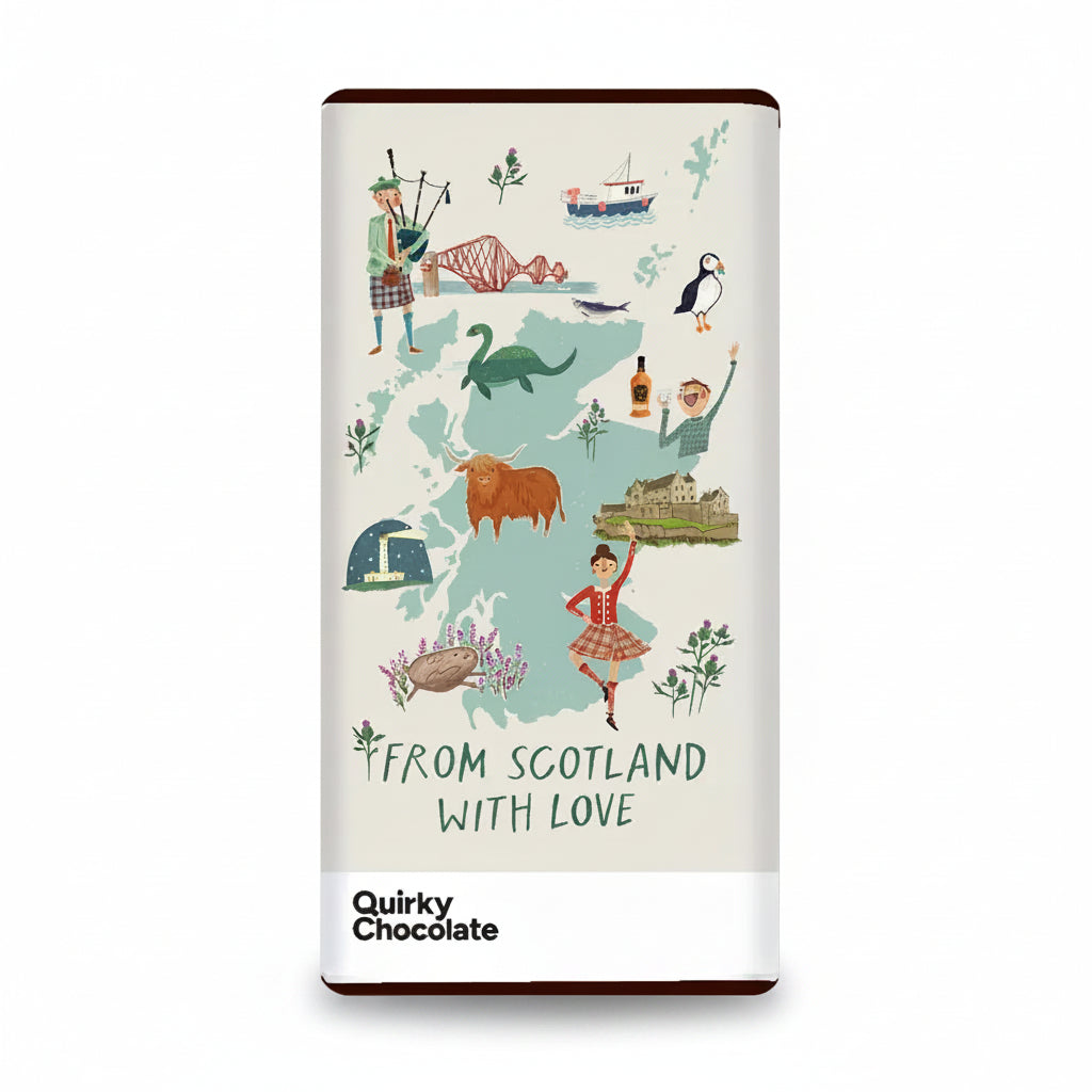 From Scotland With Love chocolate bar with illustrated Scotland map wrapper