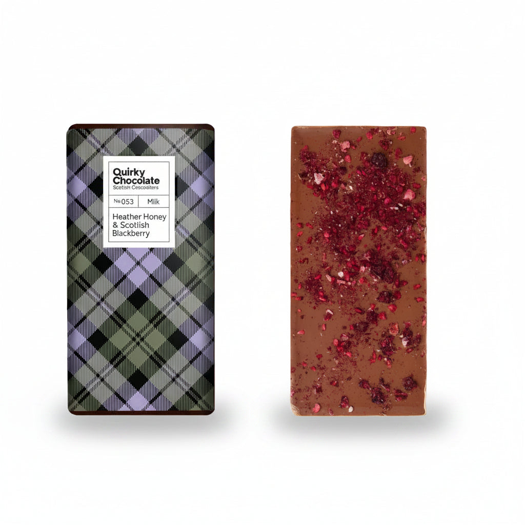 Heather honey and blackberry chocolate bar with tartan packaging on white background