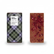 Heather honey and blackberry chocolate bar with tartan packaging on white background