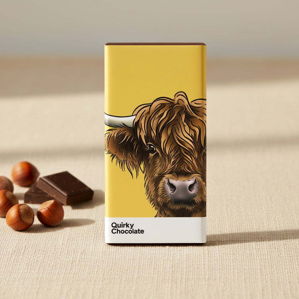 Highland cow chocolate bar with yellow Cheryl Jones cow illustration wrapper