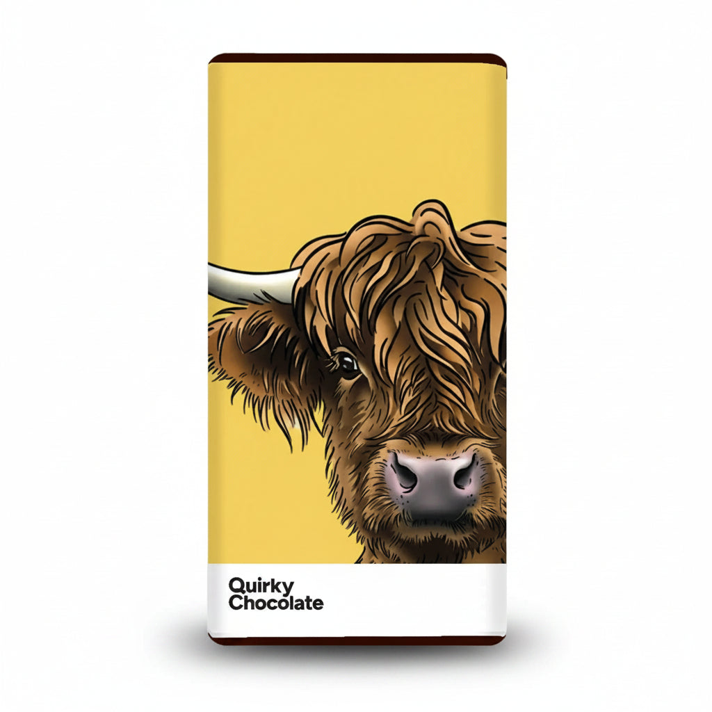 Highland cow chocolate bar with yellow Cheryl Jones cow illustration wrapper
