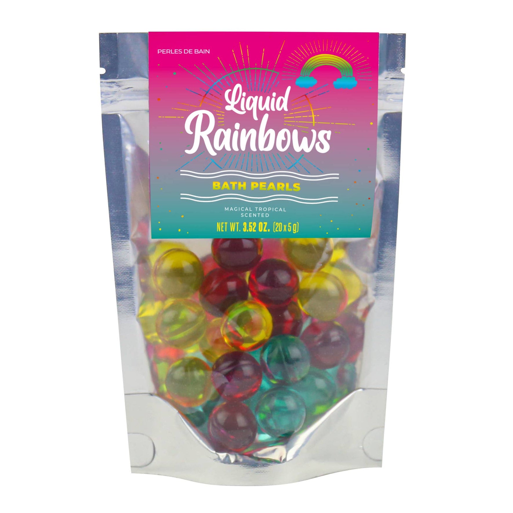 Rainbow Bath Pearls in colourful 20 pack pouch with tropical label.