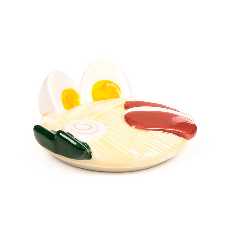 Ceramic ramen-style mug lid featuring noodles, egg, and toppings detail.