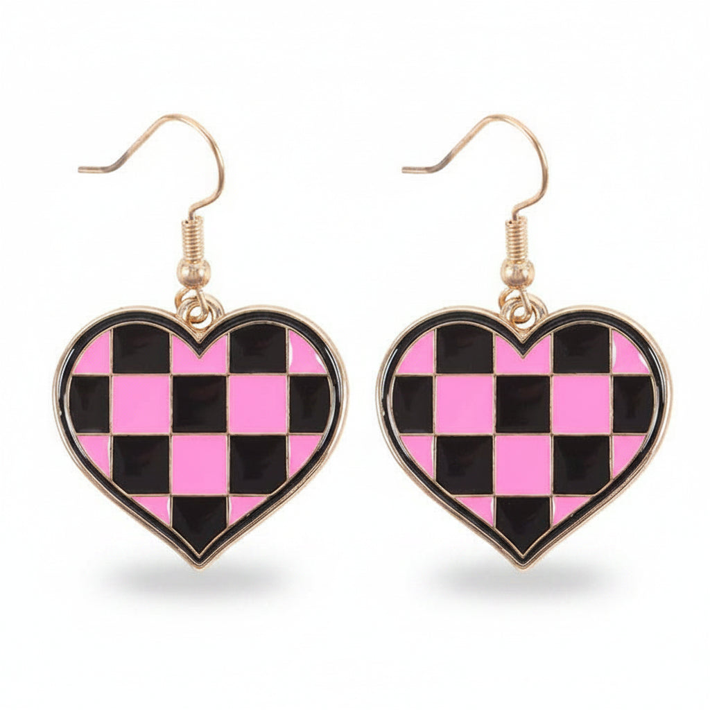 Pink checkerboard heart earrings from Rebel Romance collection