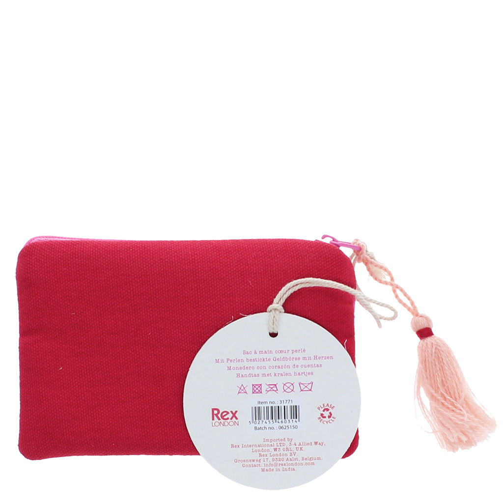 Beaded coin purse back showing red cotton fabric with Rex London tag