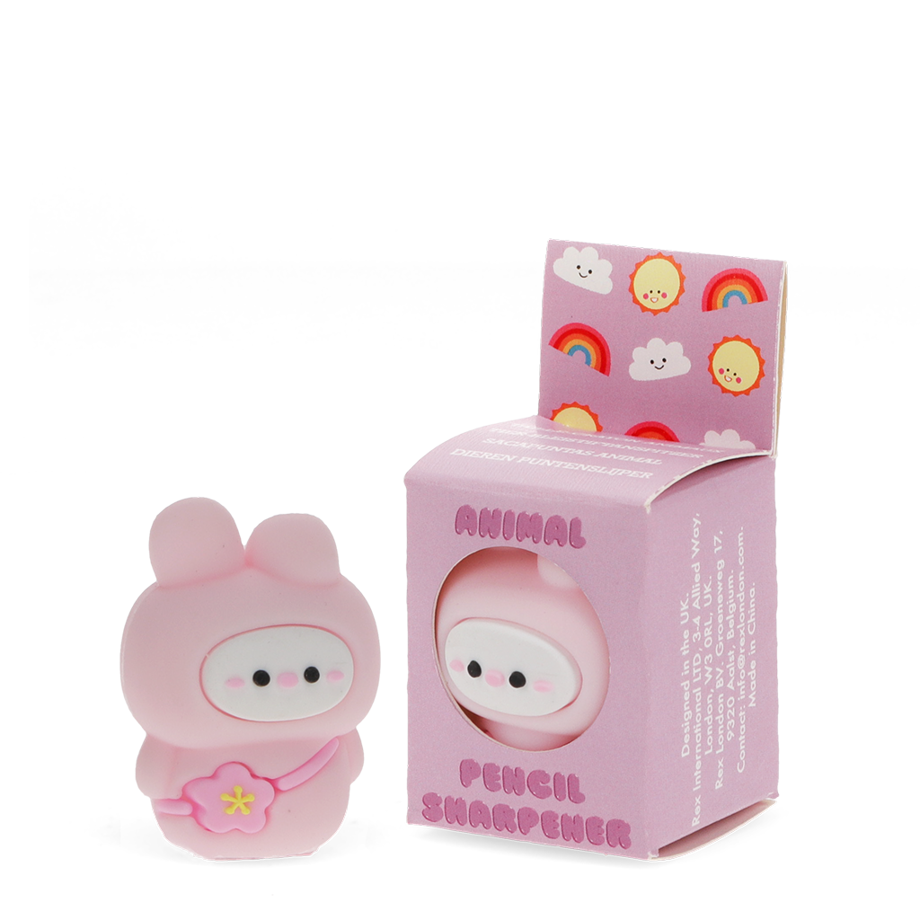 Pink bunny pencil sharpener in its illustrated presentation box
