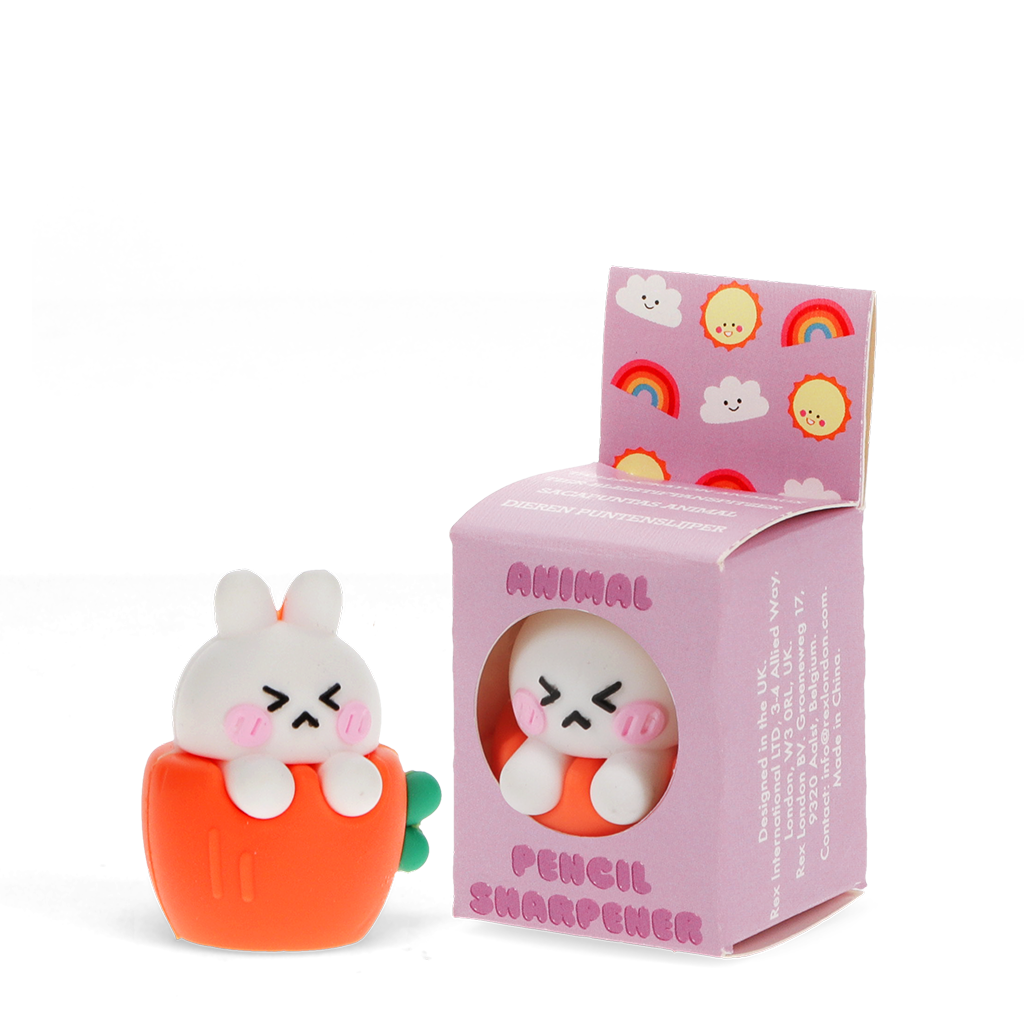 White rabbit pencil sharpener in its illustrated presentation box