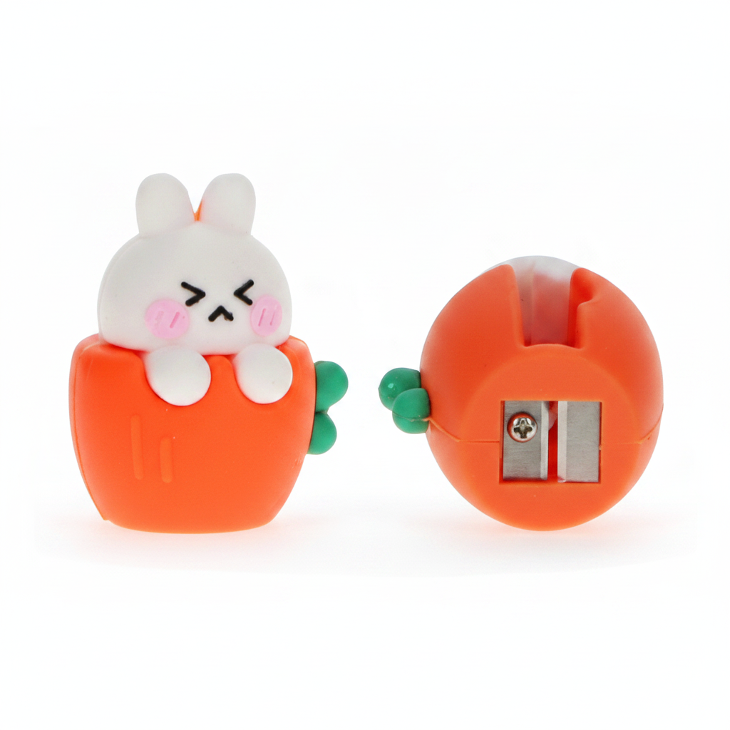 White rabbit pencil sharpener in an orange carrot base, front and back