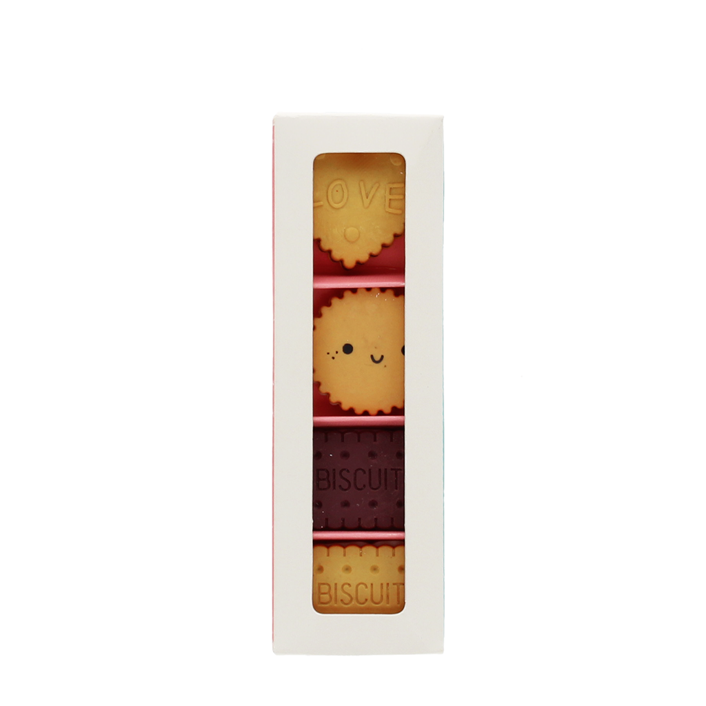 Biscuit erasers inside retail window box - upright packaging view