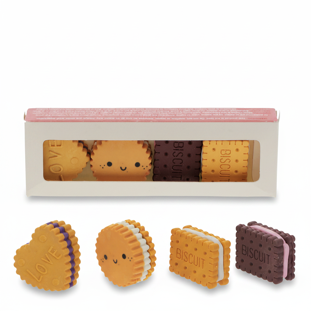 Biscuit erasers set of 4 displayed in front of window gift box