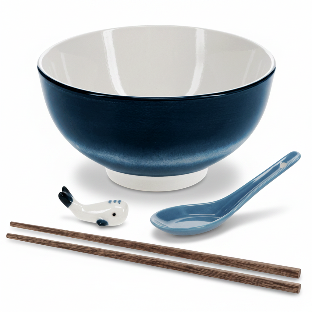 Complete noodle bowl set with whale themed pieces