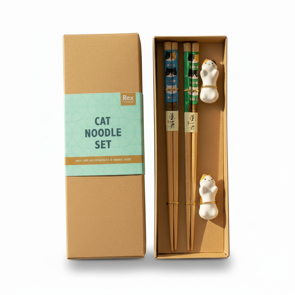 A person holds an open kraft paper box showing a cat-themed chopstick set alongside its matching box lid. The chopsticks have decorative cat illustrations and small white cat figurines at both ends, photographed on a woven mat with soft natural light.
