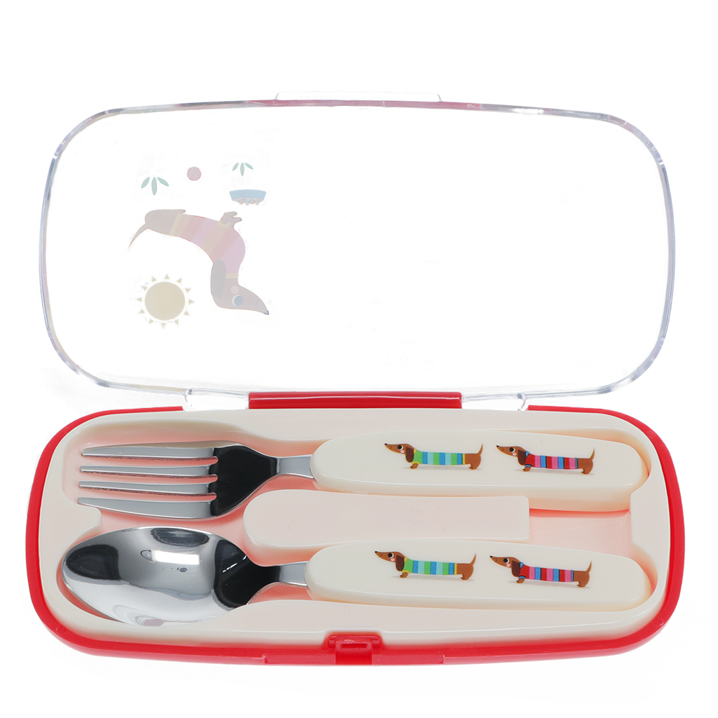Close view of the stainless steel fork and spoon with striped dachshund handles