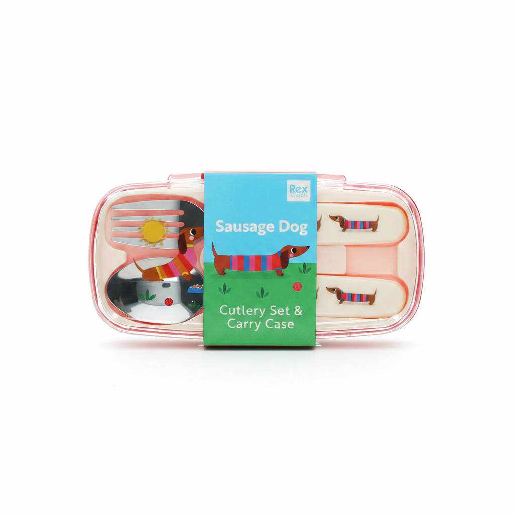 Children's sausage dog fork and spoon in an open carry case with printed card band