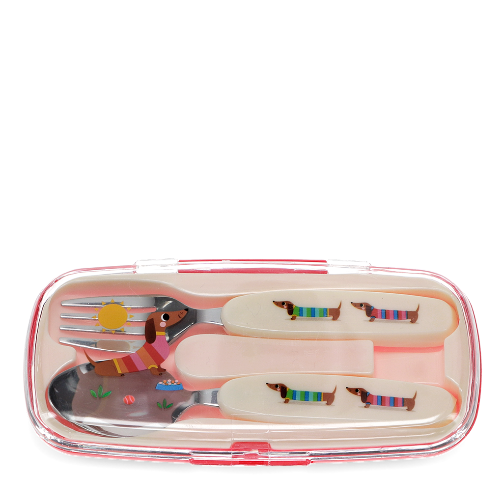 Open carry case showing the striped sausage dog fork and spoon inside