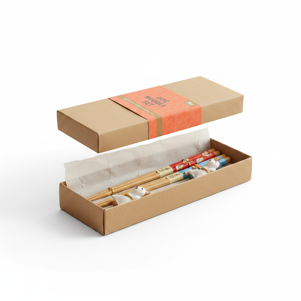 A person in a beige knit sweater holds open a brown cardboard gift box containing a set of chopsticks. The chopsticks have decorative animal-shaped handles and colorful bands, with a bright orange paper label on the box lid.