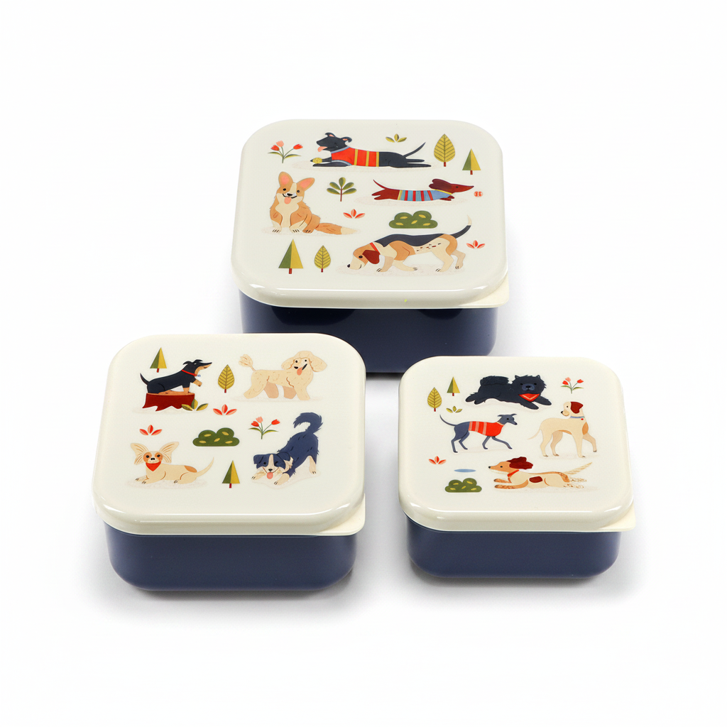 Three Dog Park snack boxes with navy bases and illustrated cream lids