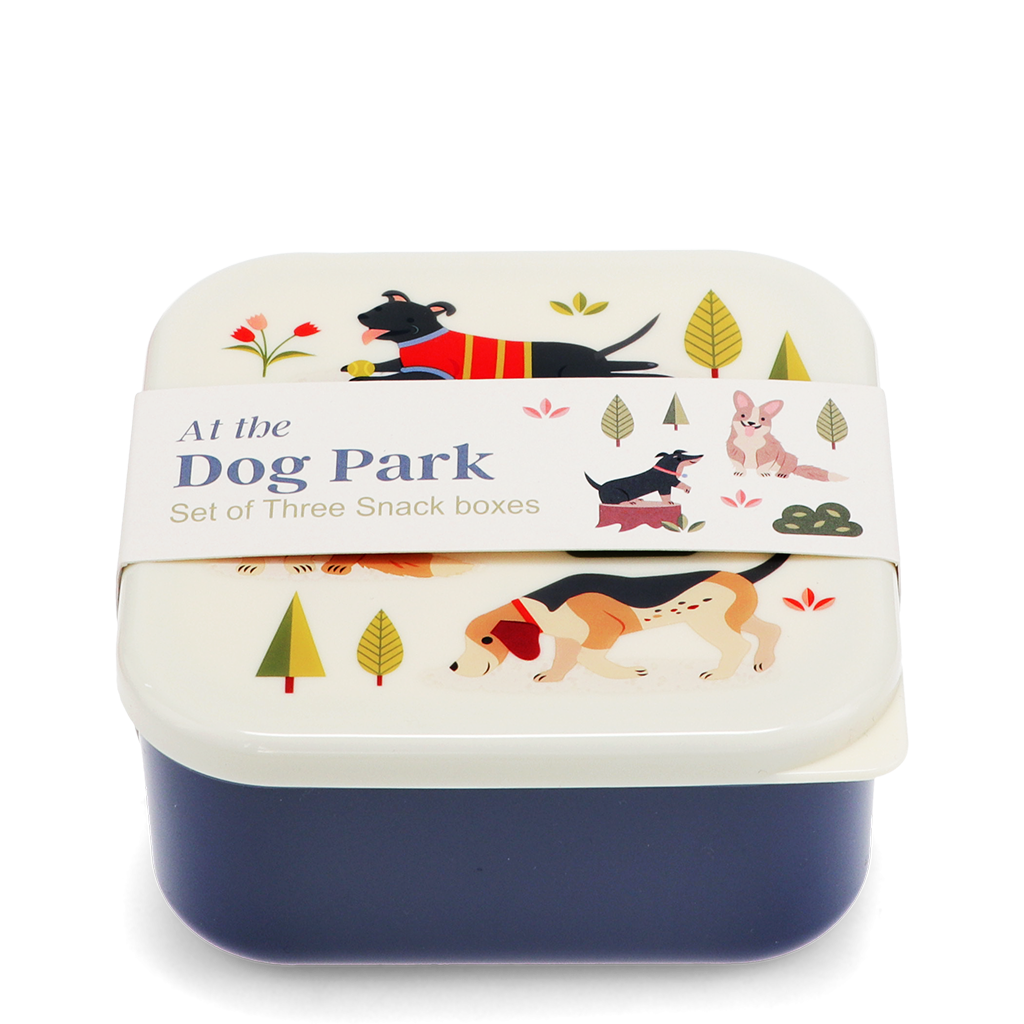 Dog Park snack boxes nested together with the printed card band around them