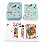 Garden Birds playing cards tin with the deck and four cards fanned in front