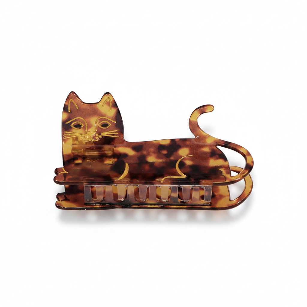Marbled brown claw clip shaped like a sitting cat with a curled tail