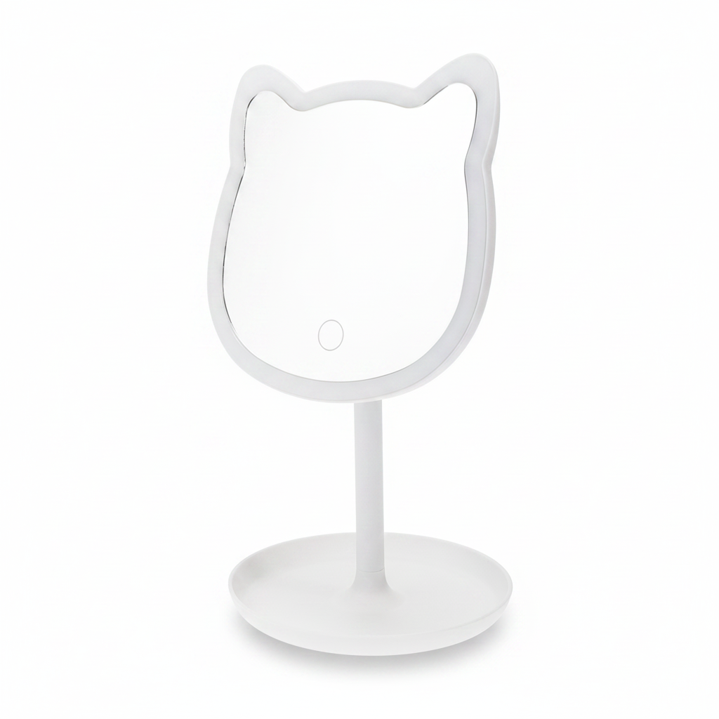 Cat shaped light up vanity mirror in white on a round stand