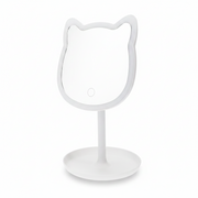 Cat shaped light up vanity mirror in white on a round stand