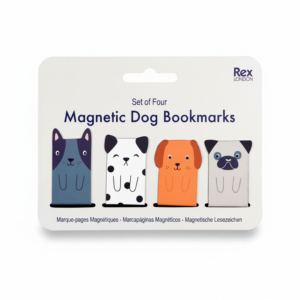 Set of four magnetic dog bookmarks on printed Rex London card packaging