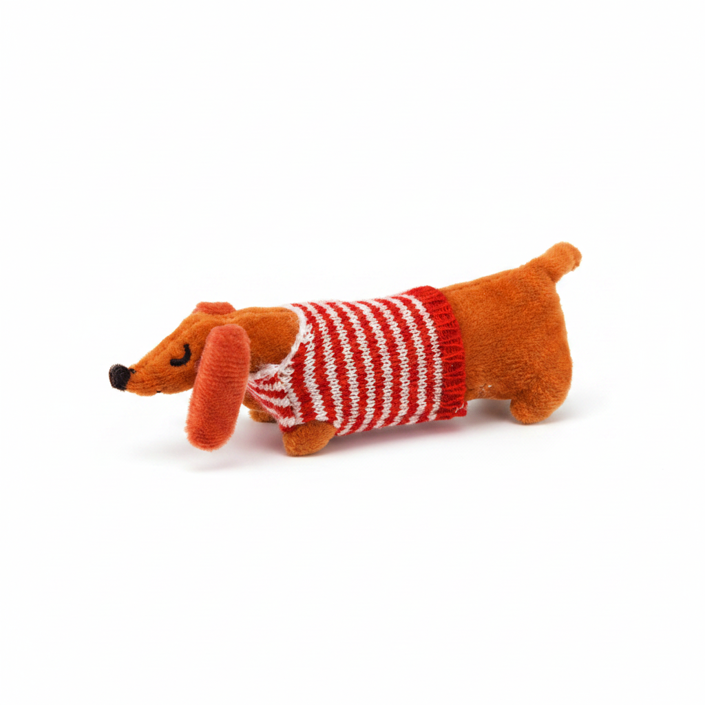 Mini sausage dog gift box shown open at an angle with the toy inside