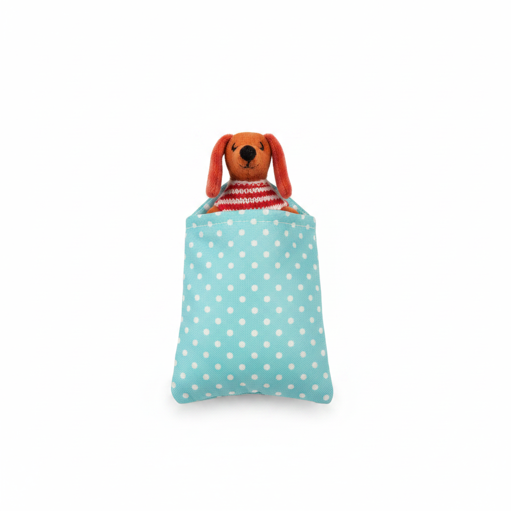Mini sausage dog soft toy tucked under a mint polka dot blanket