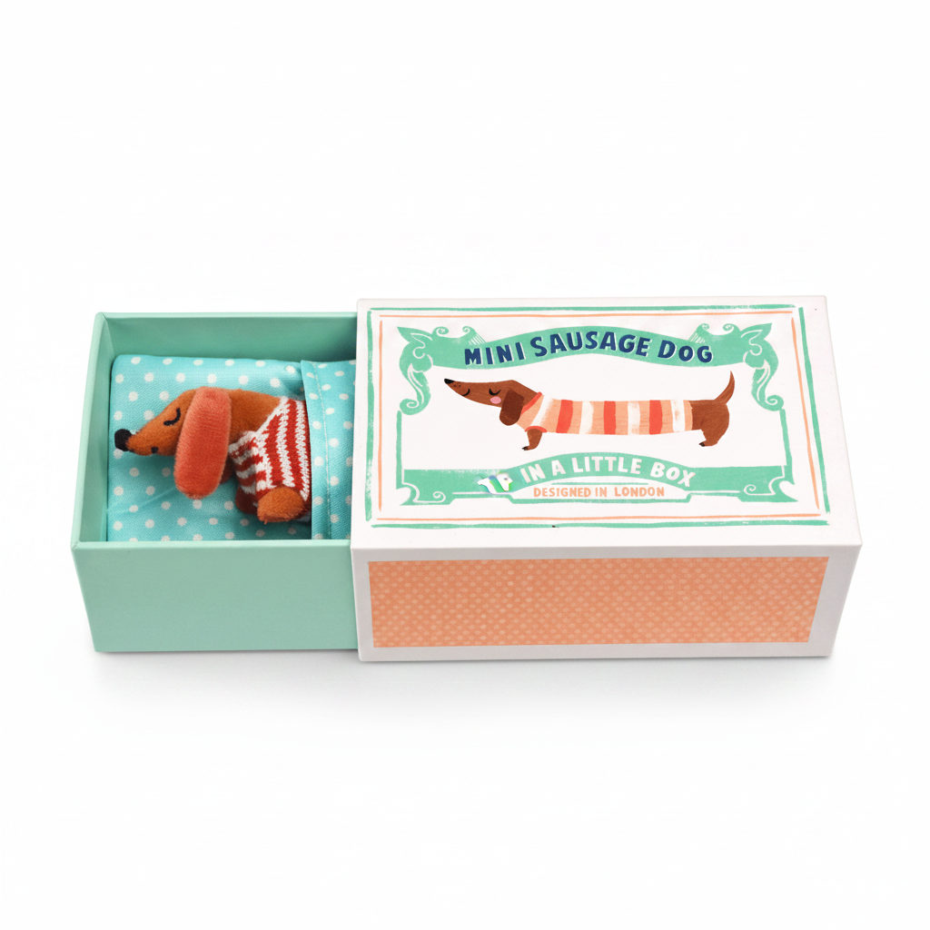 Mini sausage dog soft toy in a stripy jumper inside its opened illustrated gift box