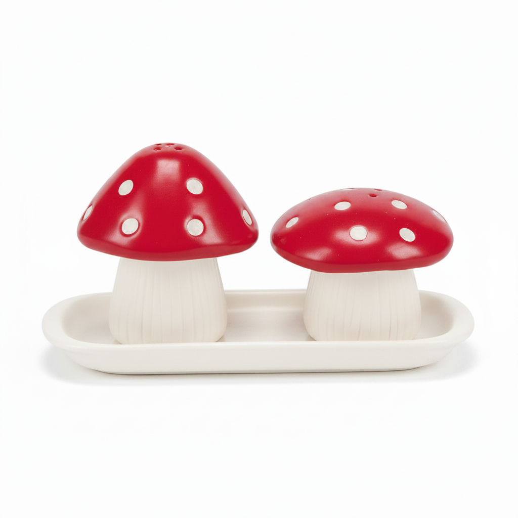 Mushroom salt and pepper shakers with ceramic tray beside illustrated Rex London gift box
