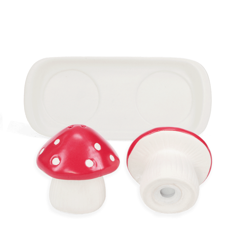 Mushroom shaker set showing silicone base stopper and white ceramic tray, white background