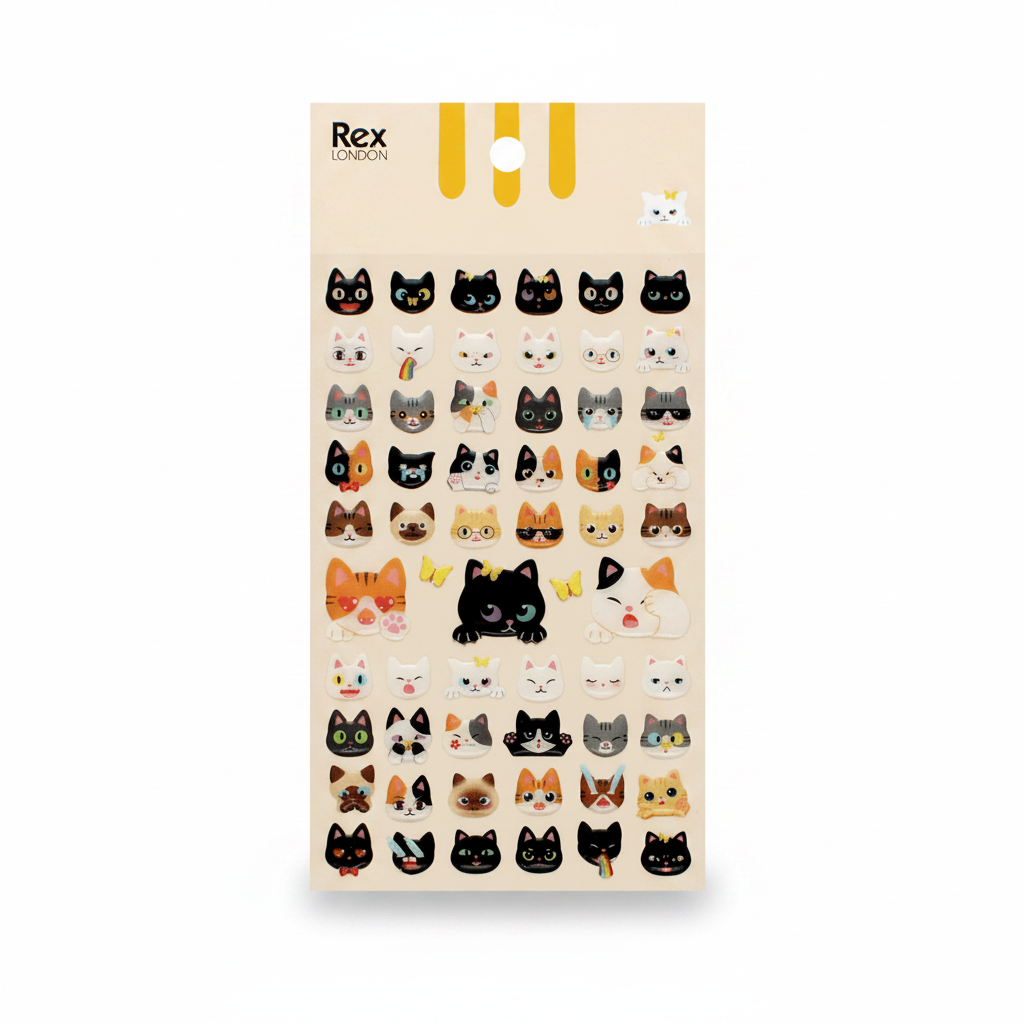 Pack of quirky cat 3D stickers with glow-in-dark details