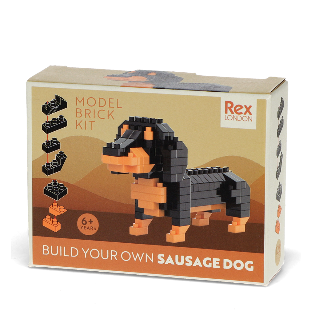 Sausage dog model brick kit box on a plain background