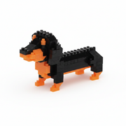 Completed black and tan micro brick dachshund model built from the kit