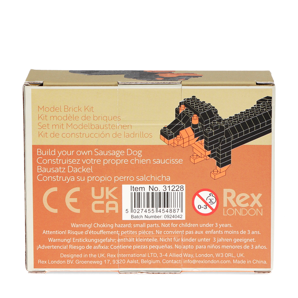 Back of the sausage dog brick kit box showing the safety information panel