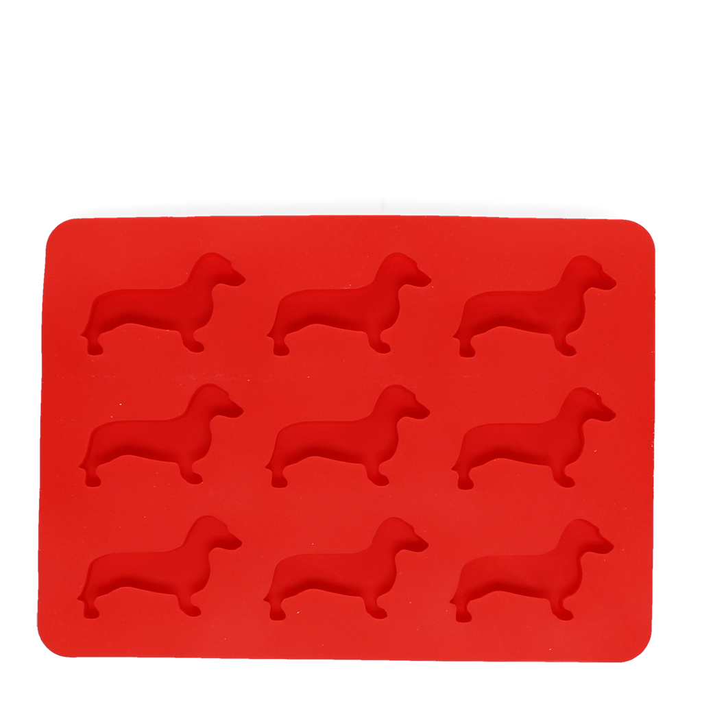 Red silicone ice cube tray with eight sausage dog shaped moulds