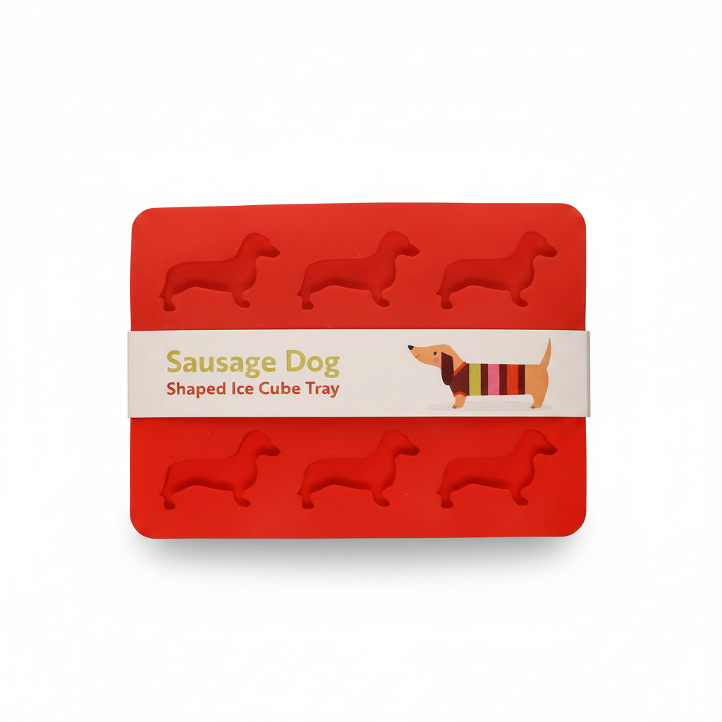 Sausage dog ice cube tray in its printed card sleeve