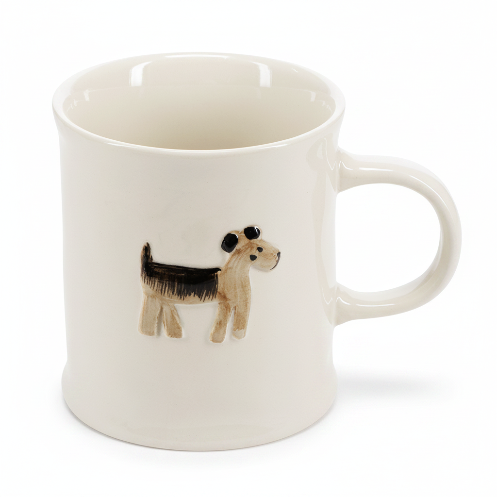 Cream stoneware mug with an embossed hand painted terrier on the front