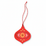 Red wooden bauble Christmas decoration with a red cotton hanging loop