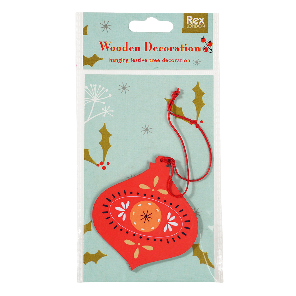 Red wooden bauble decoration on its printed Rex London card backing